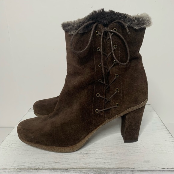 Stuart Weitzman Brown Suede Faux Fur Trim Lace Up Zip Up Ankle Boots - Picture 9 of 16